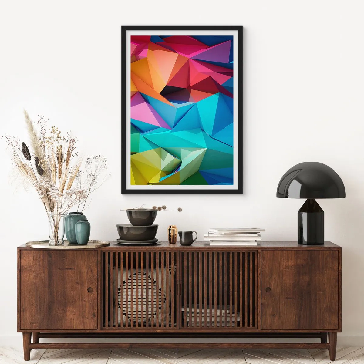 Poster in einem schwarzem Rahmen - Regenbogen-Origami - 70x100 cm
