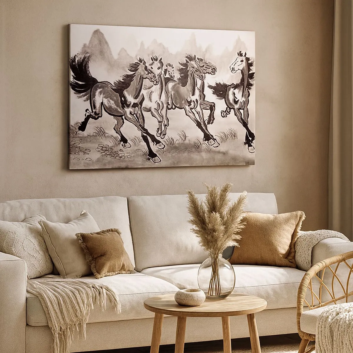 Bild auf Leinwand - Leinwandbild - Dynamische Grafiken galoppierender Pferde im orientalischen Stil - 70x50cm - In freudigem Galopp - Moderne Wanddekoration für Wohnzimmer und Schlafzimmer ARTTOR