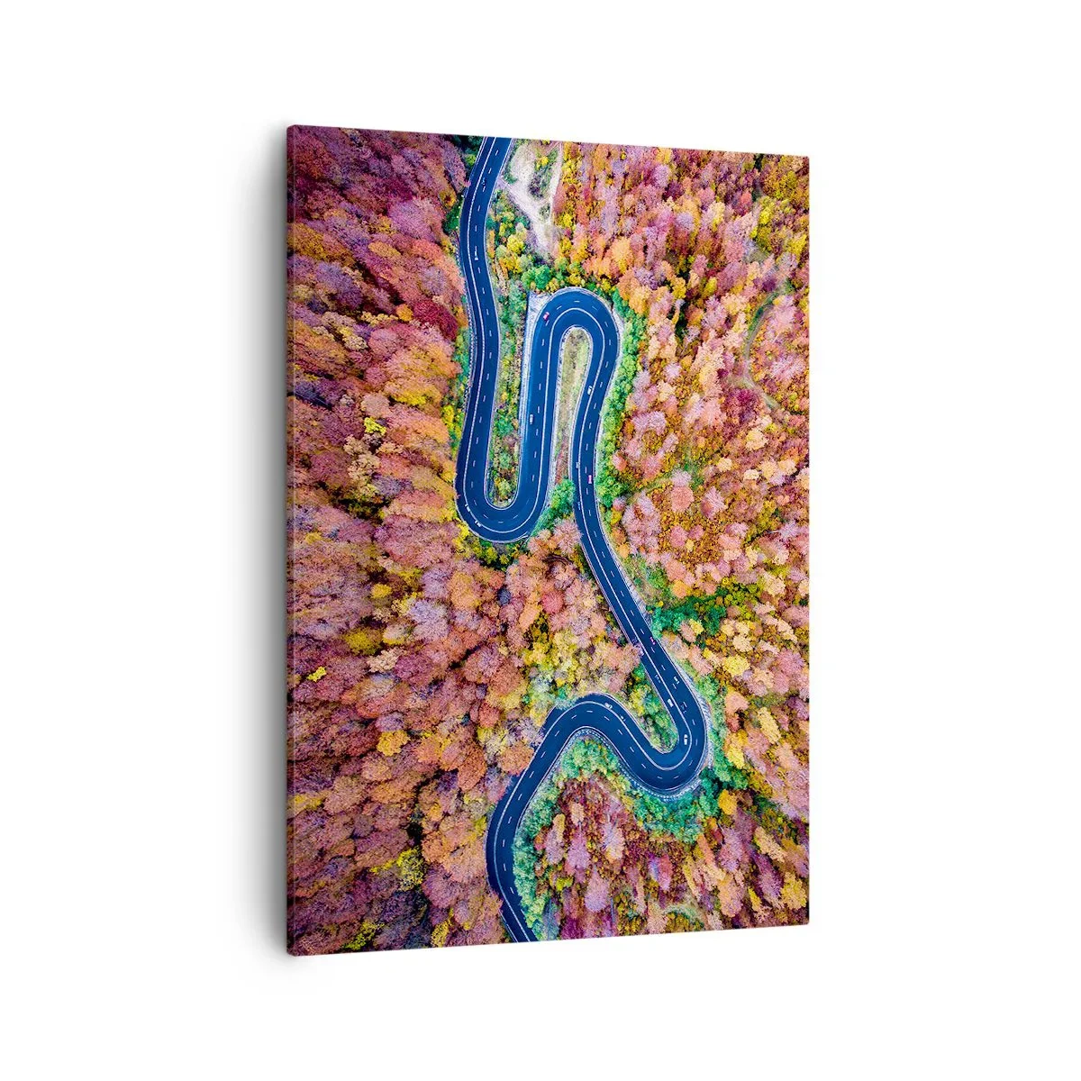 Bild auf Leinwand - Leinwandbild - Eine kurvenreiche Straße in einem herbstlichen Wald aus der Vogelperspektive gesehen - 50x70cm - Kurvenreicher Weg durch den Wald - Moderne Wanddekoration für Wohnzimmer und Schlafzimmer ARTTOR