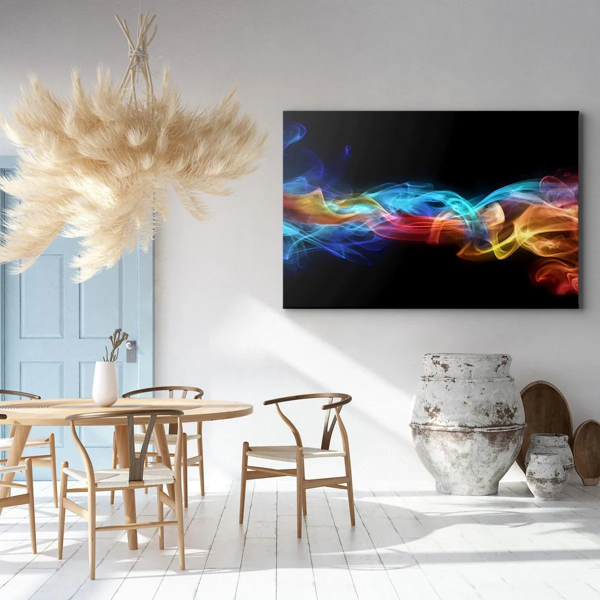 Bild auf Leinwand - Leinwandbild - Bunter Rauch auf schwarzem Hintergrund - 70x50cm - Regenbogentanz der Nebel - Moderne Wanddekoration für Wohnzimmer und Schlafzimmer ARTTOR