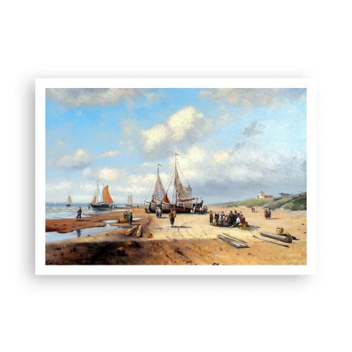 Poster - Fischerboote am Strand mit menschlichen Figuren - 100x70cm - Nach einem erfolgreichen Fischfang - Moderne Wanddekoration für Wohnzimmer und Schlafzimmer ARTTOR