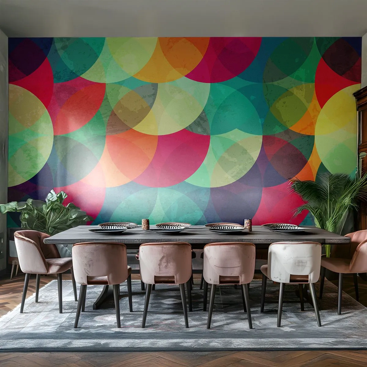 Selbstklebende Fototapete Deluxe Sticker - Aufstieg zum Regenbogen - Abstraktion, Stück, Bunte Kreise - 250x175 cm