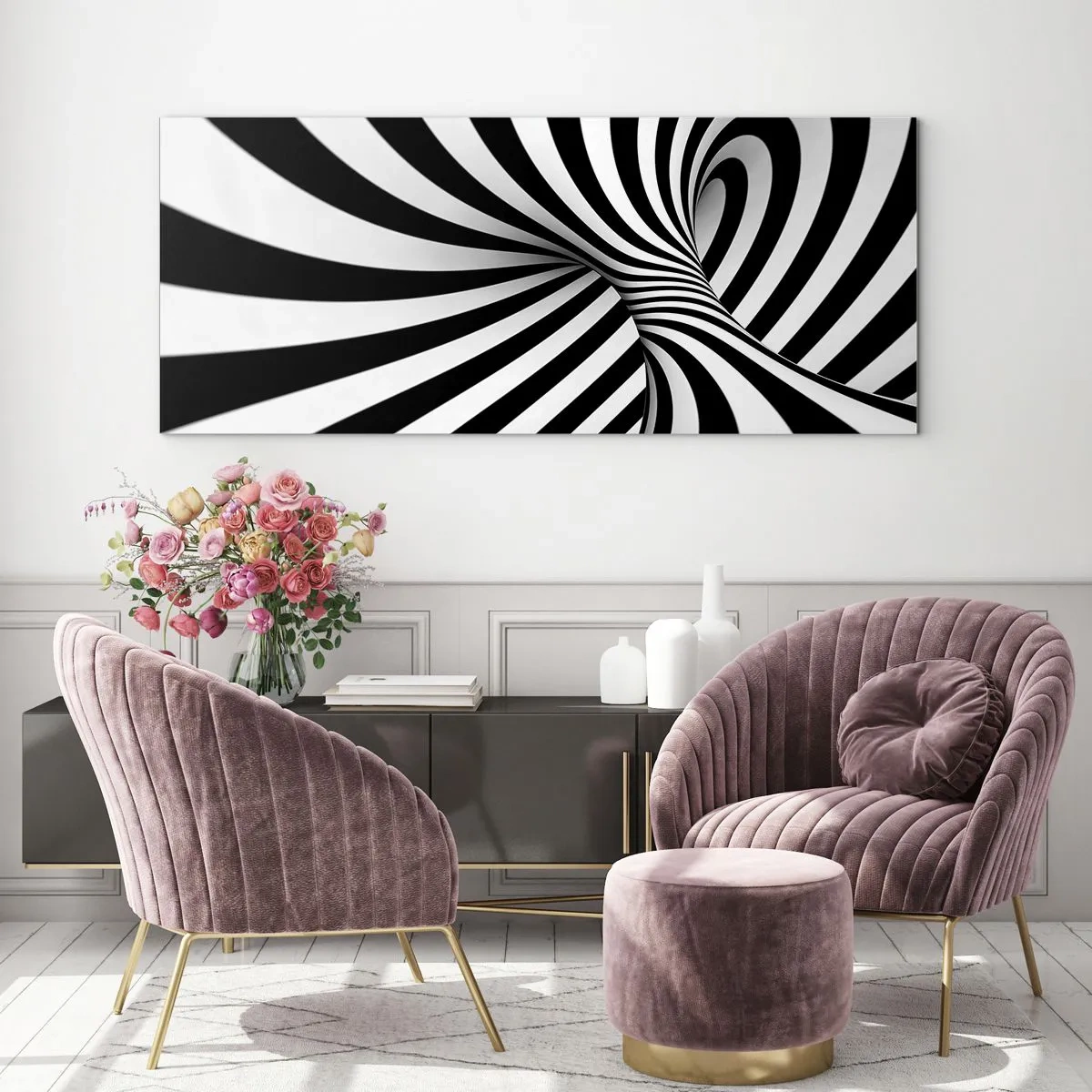 Glasbild - Bild auf glas - Abstrakter Tunnel mit schwarz-weißen Spiralstreifen - 120x50cm - Komposition: Tanzraum - Moderne Wanddekoration für Wohnzimmer und Schlafzimmer ARTTOR