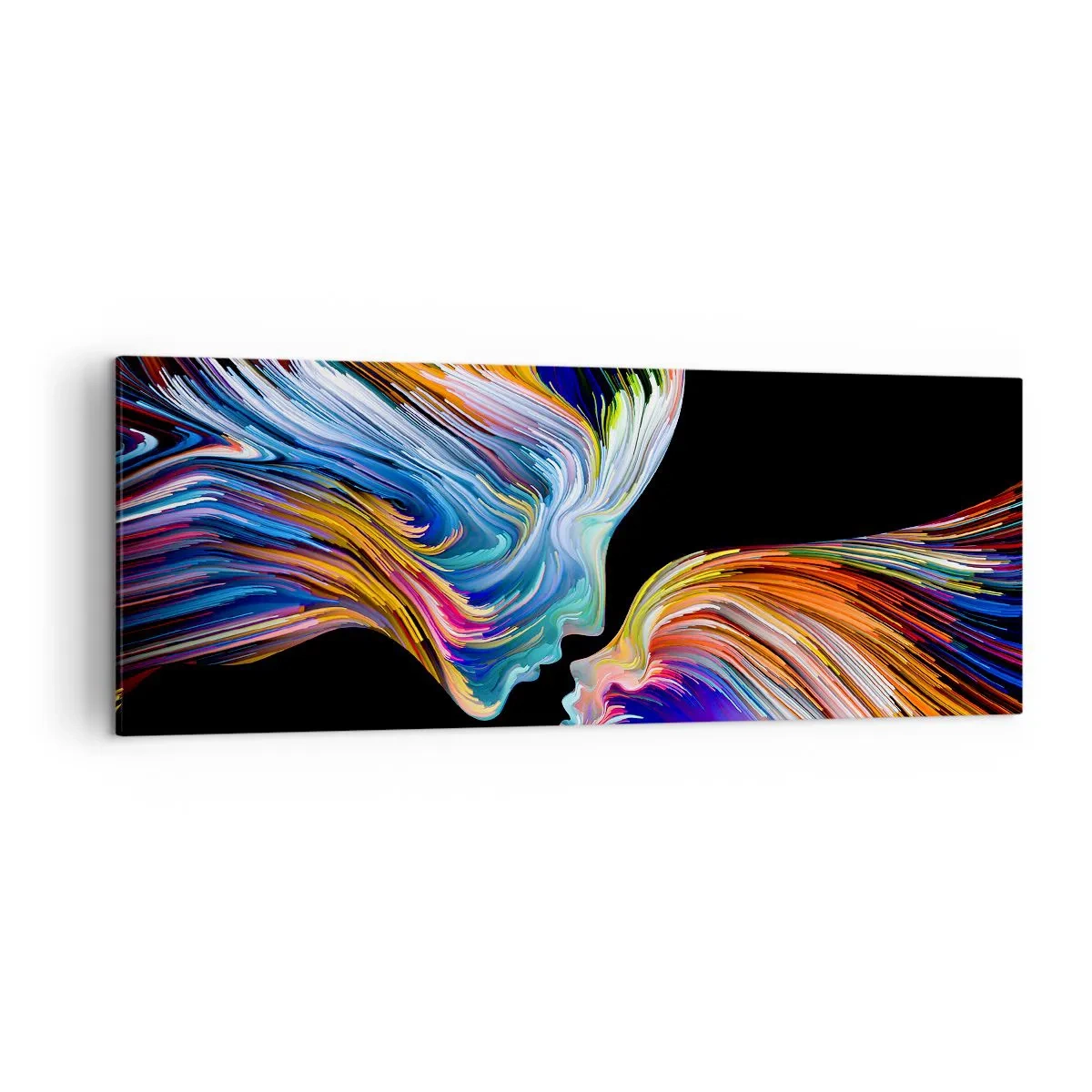 Bild auf Leinwand - Leinwandbild - Bunte Silhouetten von Gesichtern in dynamischen Strömen auf schwarzem Hintergrund - 140x50cm - Eine Verschmelzung von Energie und Licht - Moderne Wanddekoration für Wohnzimmer und Schlafzimmer ARTTOR