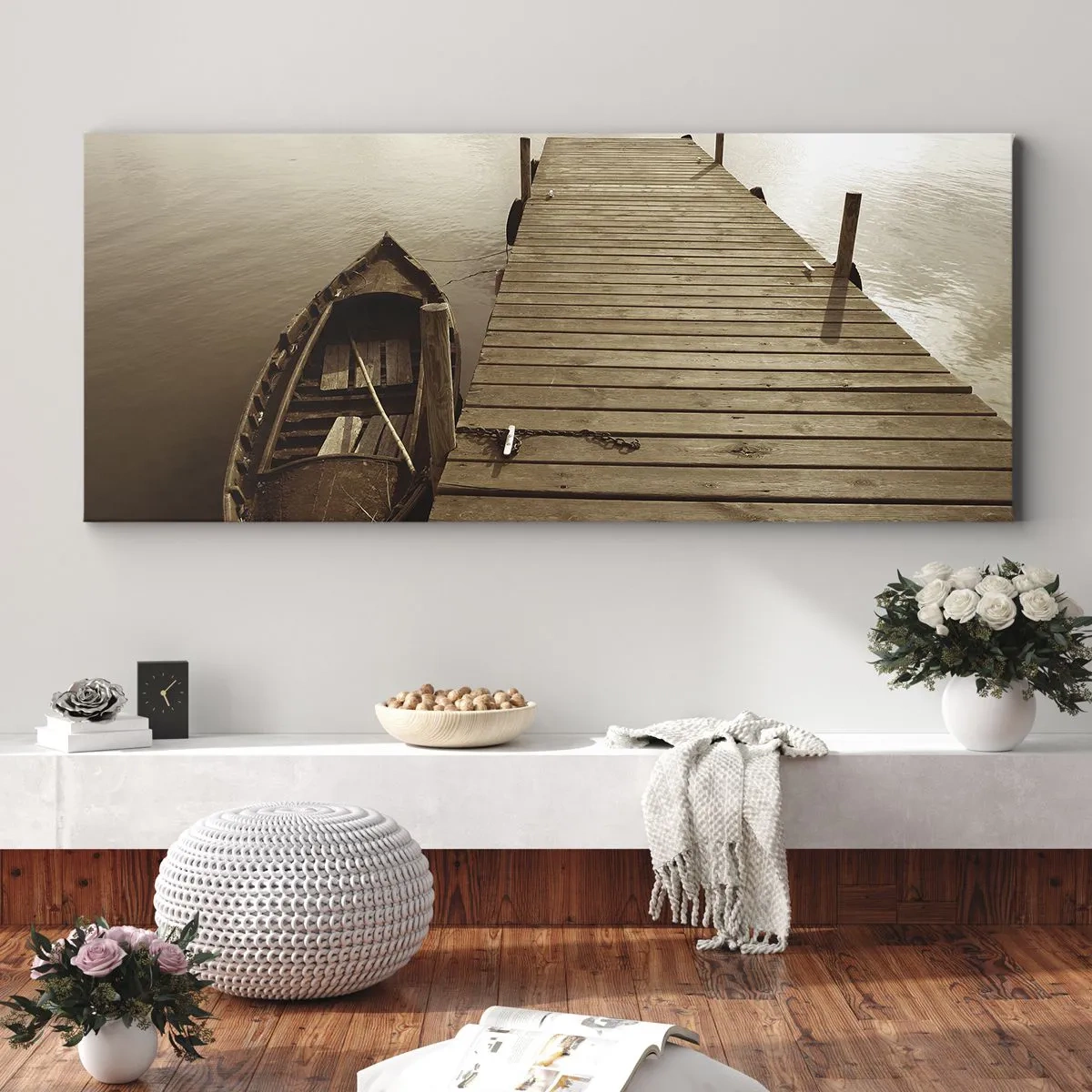Bild auf Leinwand - Leinwandbild - Holzsteg und Boot auf einem ruhigen See - 160x50cm - Großer Frieden - Moderne Wanddekoration für Wohnzimmer und Schlafzimmer ARTTOR