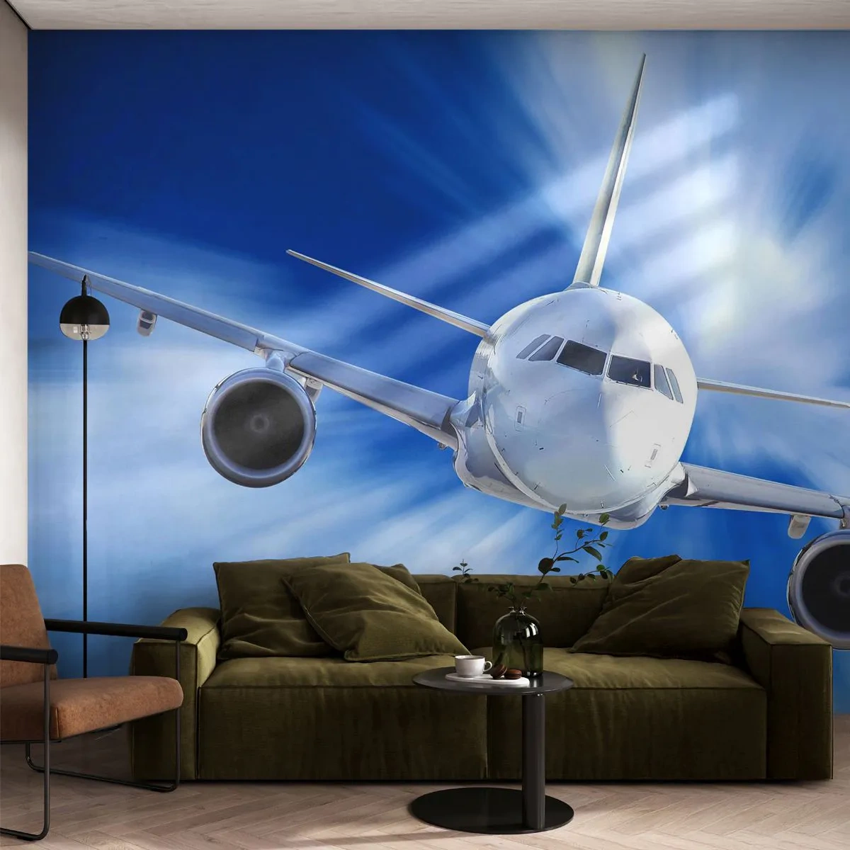 Fototapete Premium Sand - Ein Passagierflugzeug im dynamischen Flug am Himmel - 100x70cm - Schneller als der Wind am Himmel - Moderne Wanddekoration für Wohnzimmer und Schlafzimmer ARTTOR