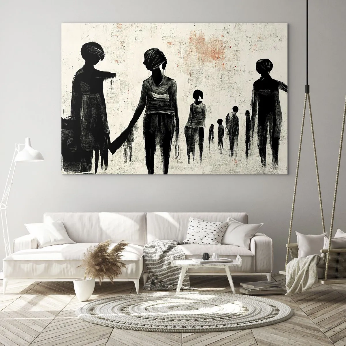 Glasbild - Bild auf glas - Schwarze Figuren in Bewegung auf hellem Hintergrund mit roter Textur - 120x80cm - Gegen die Einsamkeit - Moderne Wanddekoration für Wohnzimmer und Schlafzimmer ARTTOR