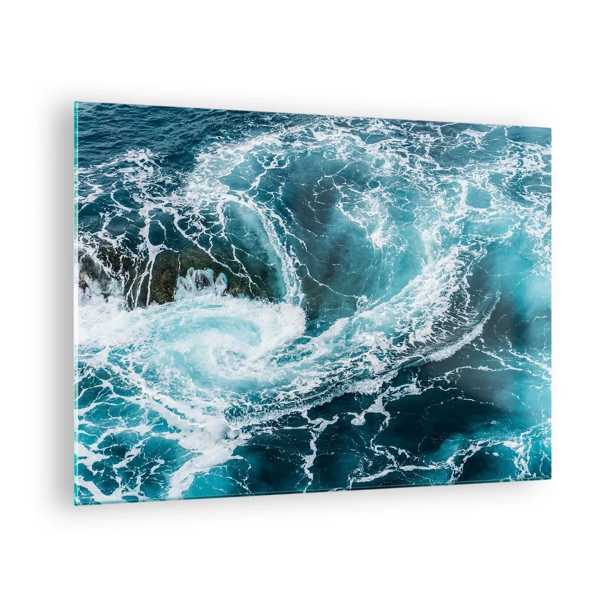 Glasbild - Bild auf glas - Ein Ozeanstrudel, umgeben von weißen Wellen im blauen Wasser - 70x50cm - Das Tor zum Mittelpunkt der Erde - Moderne Wanddekoration für Wohnzimmer und Schlafzimmer ARTTOR