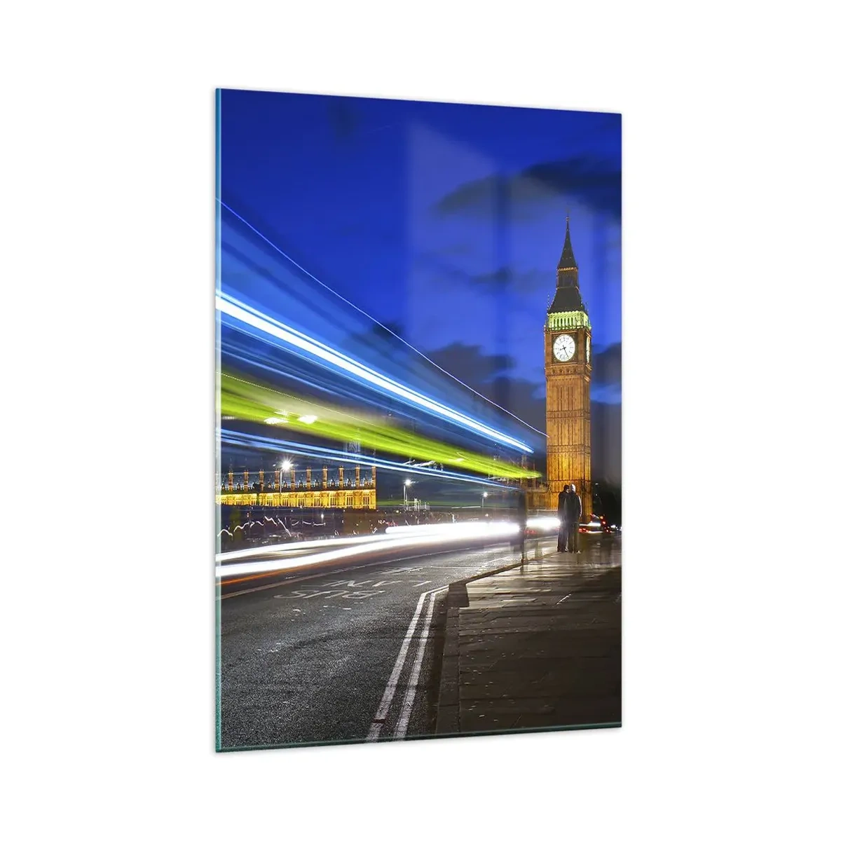 Glasbild - Bild auf glas - Big Ben bei Nacht mit der Wirkung von Lichtern im Straßenverkehr - 80x120cm - Unter den wachsamen Augen von Big Ben - Moderne Wanddekoration für Wohnzimmer und Schlafzimmer ARTTOR