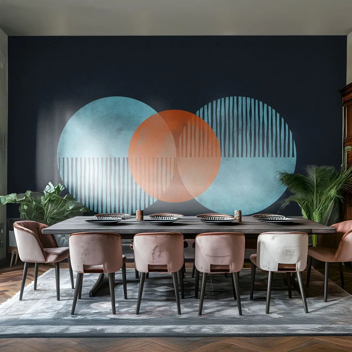 Fototapete Premium Sand - Moderne geometrische Grafiken mit Kreisen in Blau- und Orangetönen - 100x70cm - Symmetrische Komposition - Moderne Wanddekoration für Wohnzimmer und Schlafzimmer ARTTOR