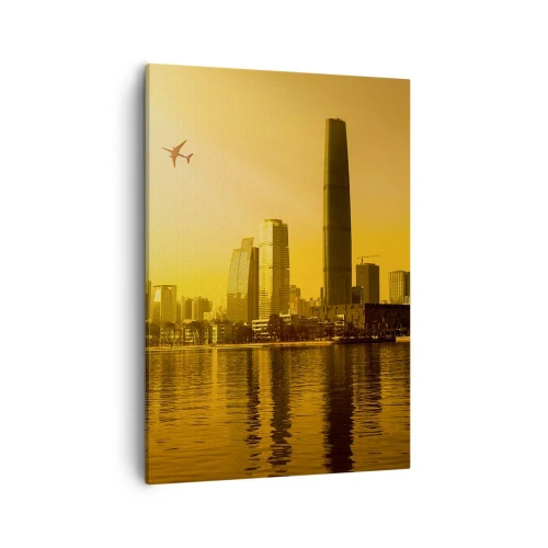 Bild auf Leinwand - Leinwandbild - Stadtpanorama bei Sonnenuntergang mit Wolkenkratzern und einem Flugzeug - 50x70cm - Die goldene Stadt - Moderne Wanddekoration für Wohnzimmer und Schlafzimmer ARTTOR