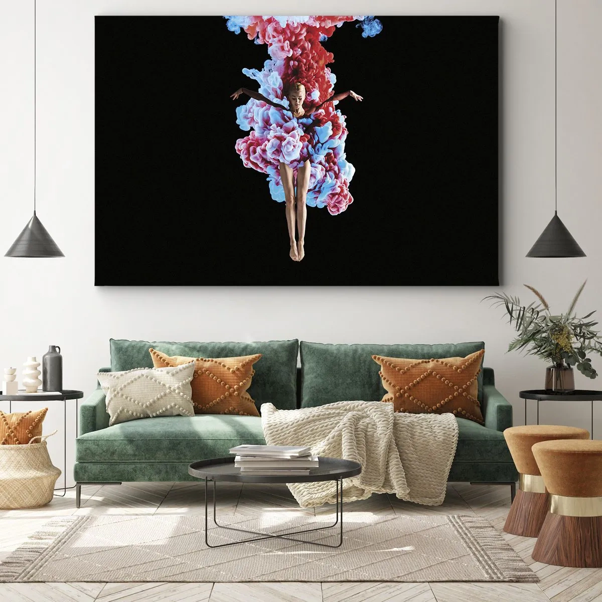 Bild auf Leinwand - Leinwandbild - Eine Tänzerin, umgeben von buntem Rauch auf schwarzem Hintergrund - 100x70cm - In voller Blüte - Moderne Wanddekoration für Wohnzimmer und Schlafzimmer ARTTOR