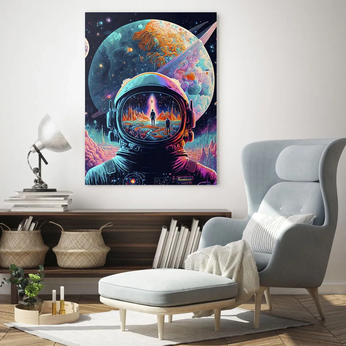 Glasbild - Bild auf glas - Eine Weltraumlandschaft mit einem Astronauten und einem surrealen Planeten. - 50x70cm - Philosophen haben nicht davon geträumt - Moderne Wanddekoration für Wohnzimmer und Schlafzimmer ARTTOR