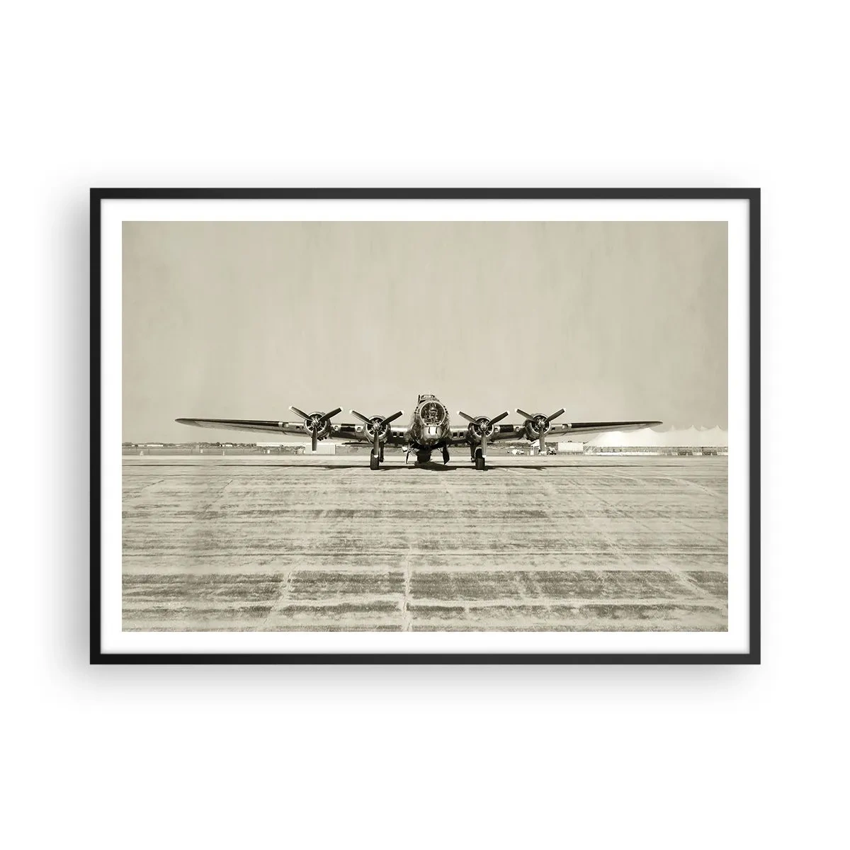 Poster in einem schwarzem Rahmen - Historisches Flugzeug auf dem Flughafen in Sepia - 100x70cm - Wie immer bereit - Moderne Wanddekoration für Wohnzimmer und Schlafzimmer ARTTOR