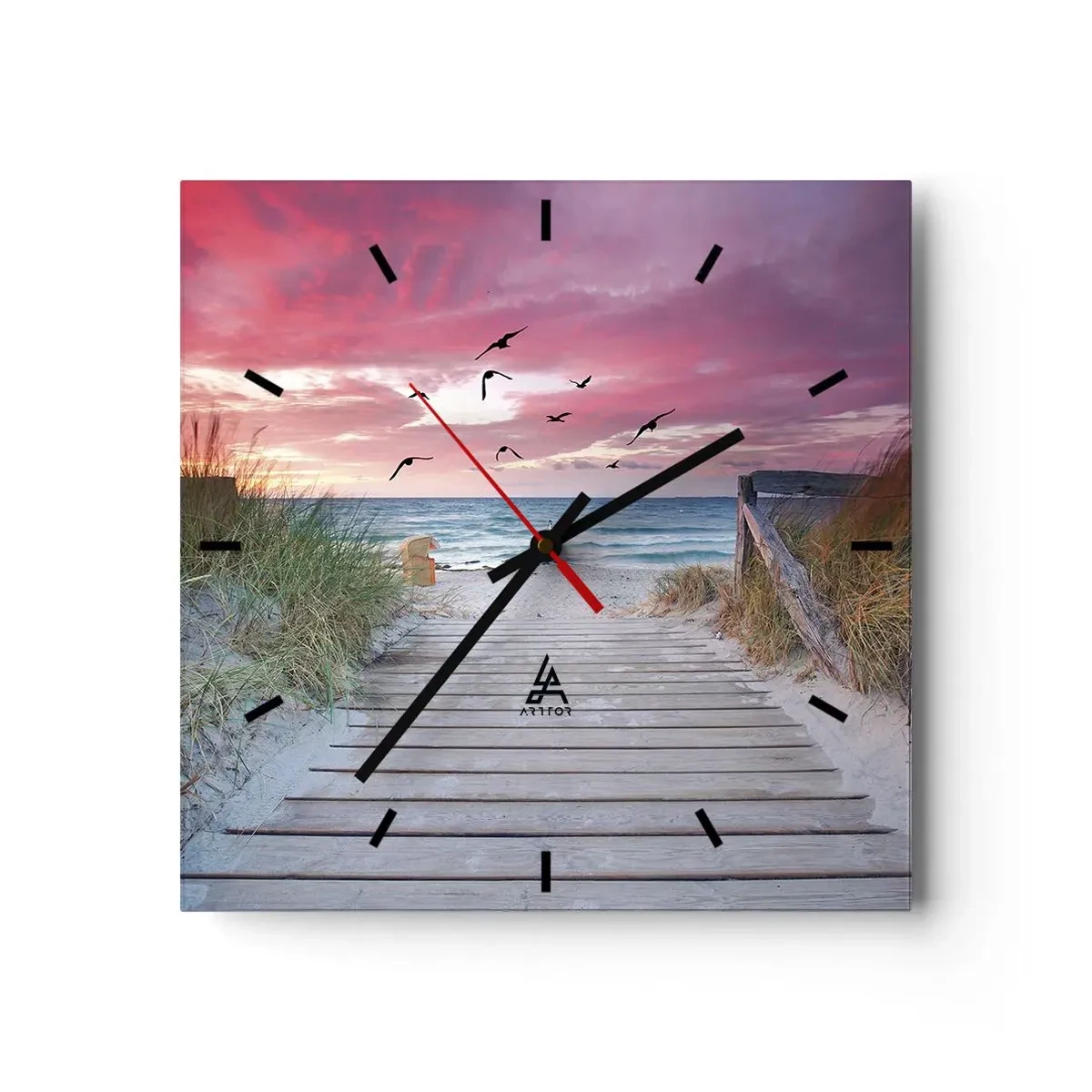 Wanduhr - Glasuhr - Holzweg am Strand bei rosa Sonnenuntergang - 30x30cm - Baltischer Eindruck - Moderne Wanddekoration für Wohnzimmer und Schlafzimmer ARTTOR