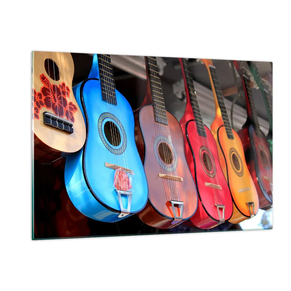 Glasbild - Bild auf glas - Bunte Gitarren hängen in einer Reihe auf dem Display - 120x80cm - Lateinische Atmosphäre - Moderne Wanddekoration für Wohnzimmer und Schlafzimmer ARTTOR
