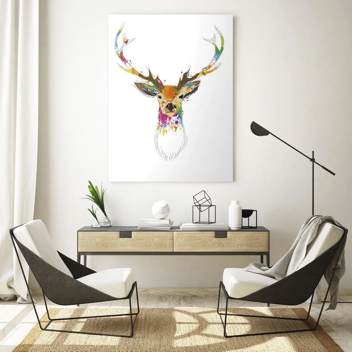 Glasbild - Bild auf glas - Bunter Hirschkopf im künstlerischen Stil - 80x120cm - Ein mildes Reh in Farbe getaucht - Moderne Wanddekoration für Wohnzimmer und Schlafzimmer ARTTOR