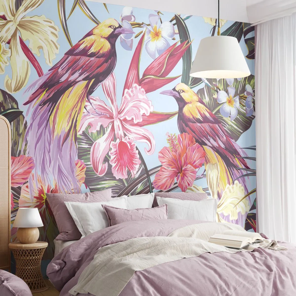 Fototapete Premium Sand - Exotische Vögel zwischen tropischen Blumen - 100x70cm - Blütenblätter und Federn - Moderne Wanddekoration für Wohnzimmer und Schlafzimmer ARTTOR