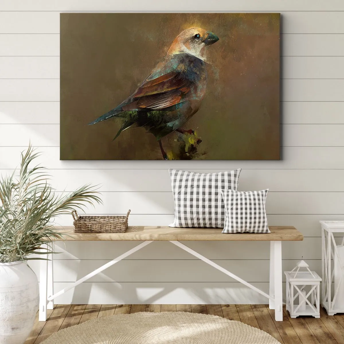 Bild auf Leinwand - Leinwandbild - Eine künstlerische Interpretation eines Spatzen auf braunem Hintergrund - 120x80cm - Ein Spatz, ein kleines Vögelchen - Moderne Wanddekoration für Wohnzimmer und Schlafzimmer ARTTOR