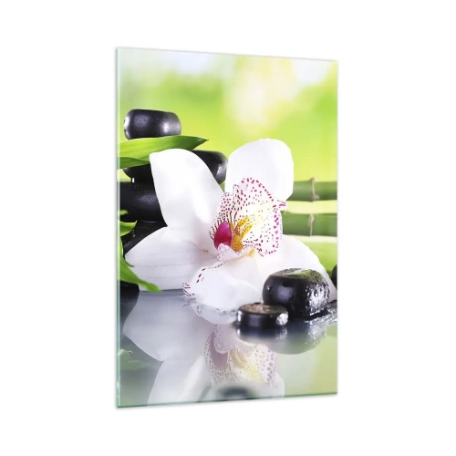 Glasbild - Bild auf glas - Orchidee, Steine und Bambus in einer harmonischen Spa-Komposition - 80x120cm - Kühle Frische - Moderne Wanddekoration für Wohnzimmer und Schlafzimmer ARTTOR