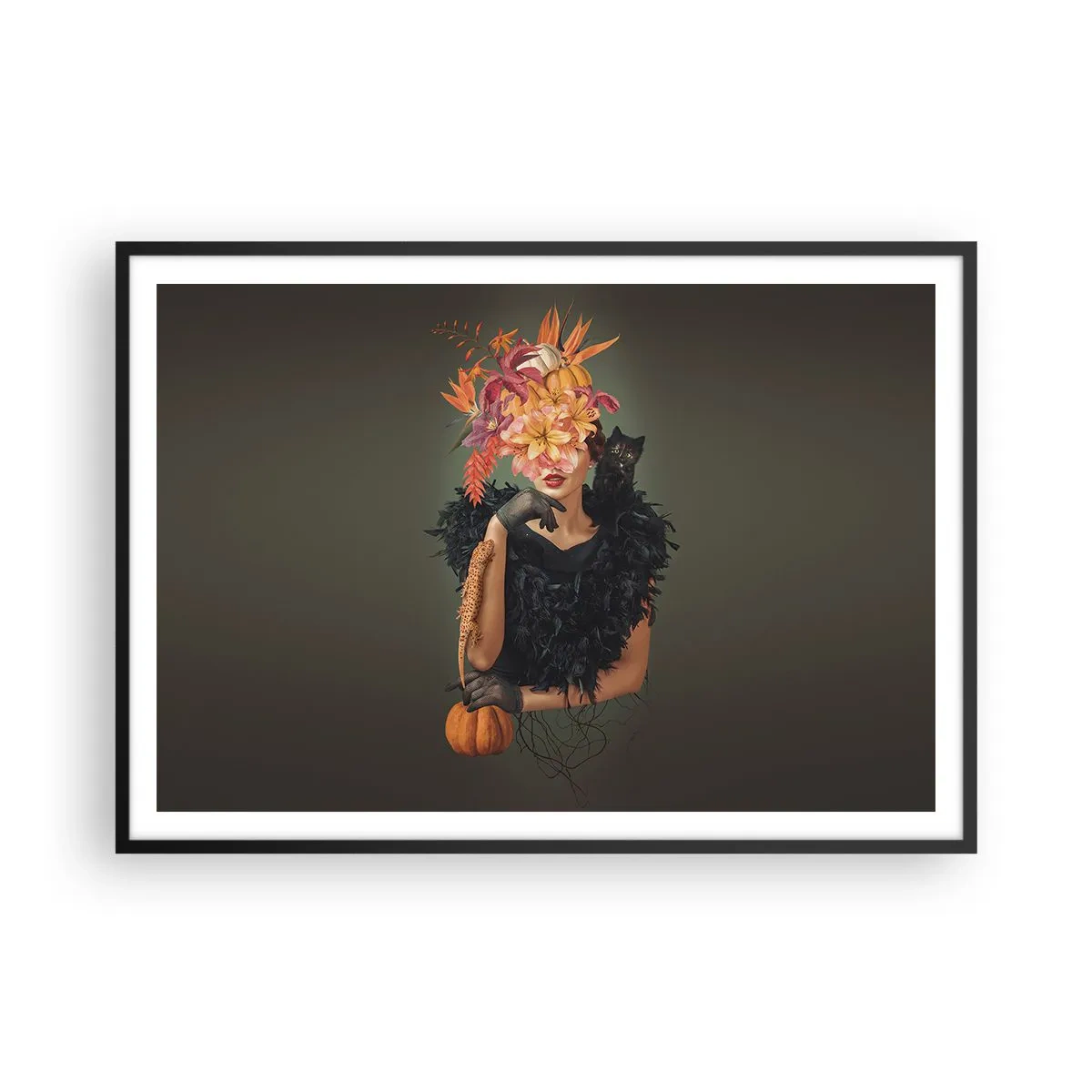 Poster in einem schwarzem Rahmen - Frauenbildnis mit Herbstmotiven und Katze - 100x70cm - Der Zauber einer Hexe - Moderne Wanddekoration für Wohnzimmer und Schlafzimmer ARTTOR