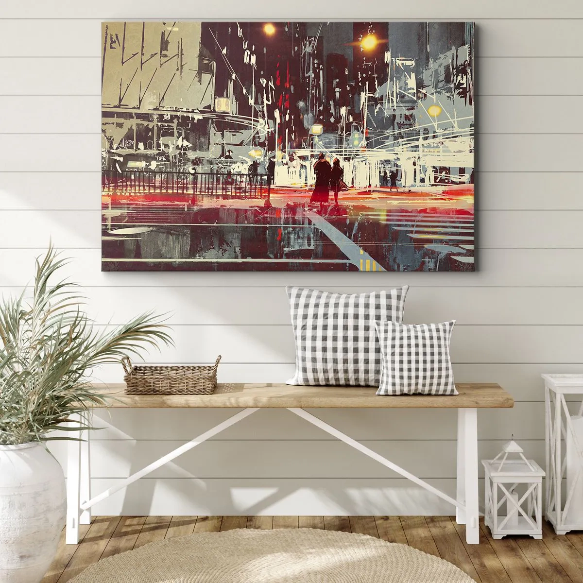 Bild auf Leinwand - Leinwandbild - Stadt bei Nacht mit Neonlichtern und Silhouetten von Menschen auf der Straße - 70x50cm - Eine große Stadtüberquerung - Moderne Wanddekoration für Wohnzimmer und Schlafzimmer ARTTOR