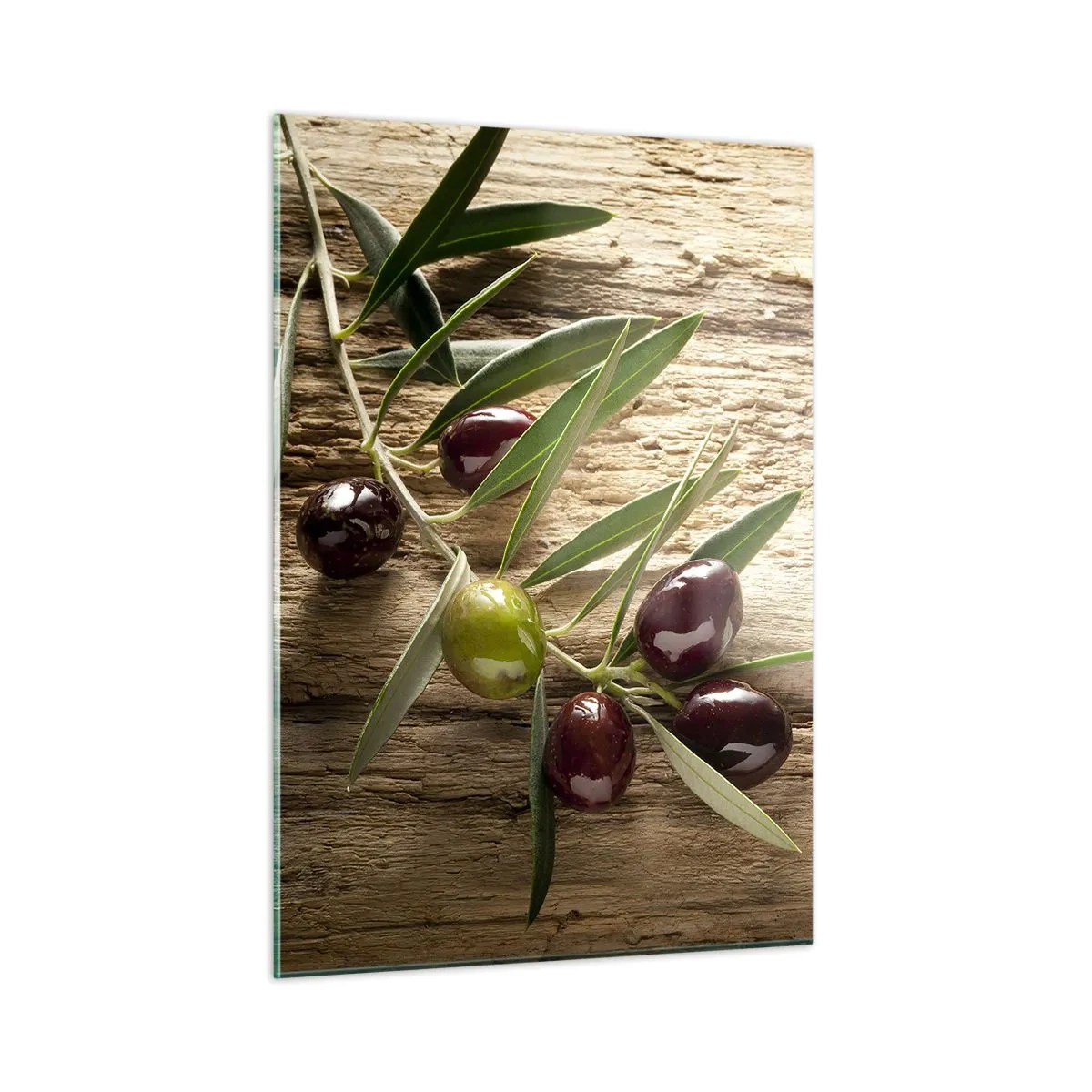 Glasbild - Bild auf glas - Olivenzweig auf einem hölzernen Hintergrund - 50x70cm - Direkt aus der Natur - Moderne Wanddekoration für Wohnzimmer und Schlafzimmer ARTTOR