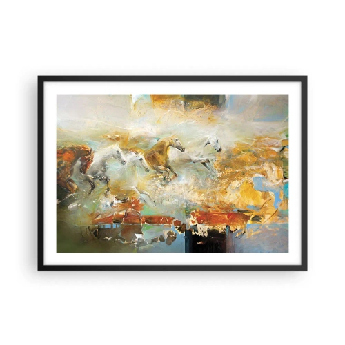 Poster in einem schwarzem Rahmen - Künstlerische Pferde in einer dynamischen, farbenfrohen Umgebung - 70x50cm - Im Galopp durch das Licht - Moderne Wanddekoration für Wohnzimmer und Schlafzimmer ARTTOR