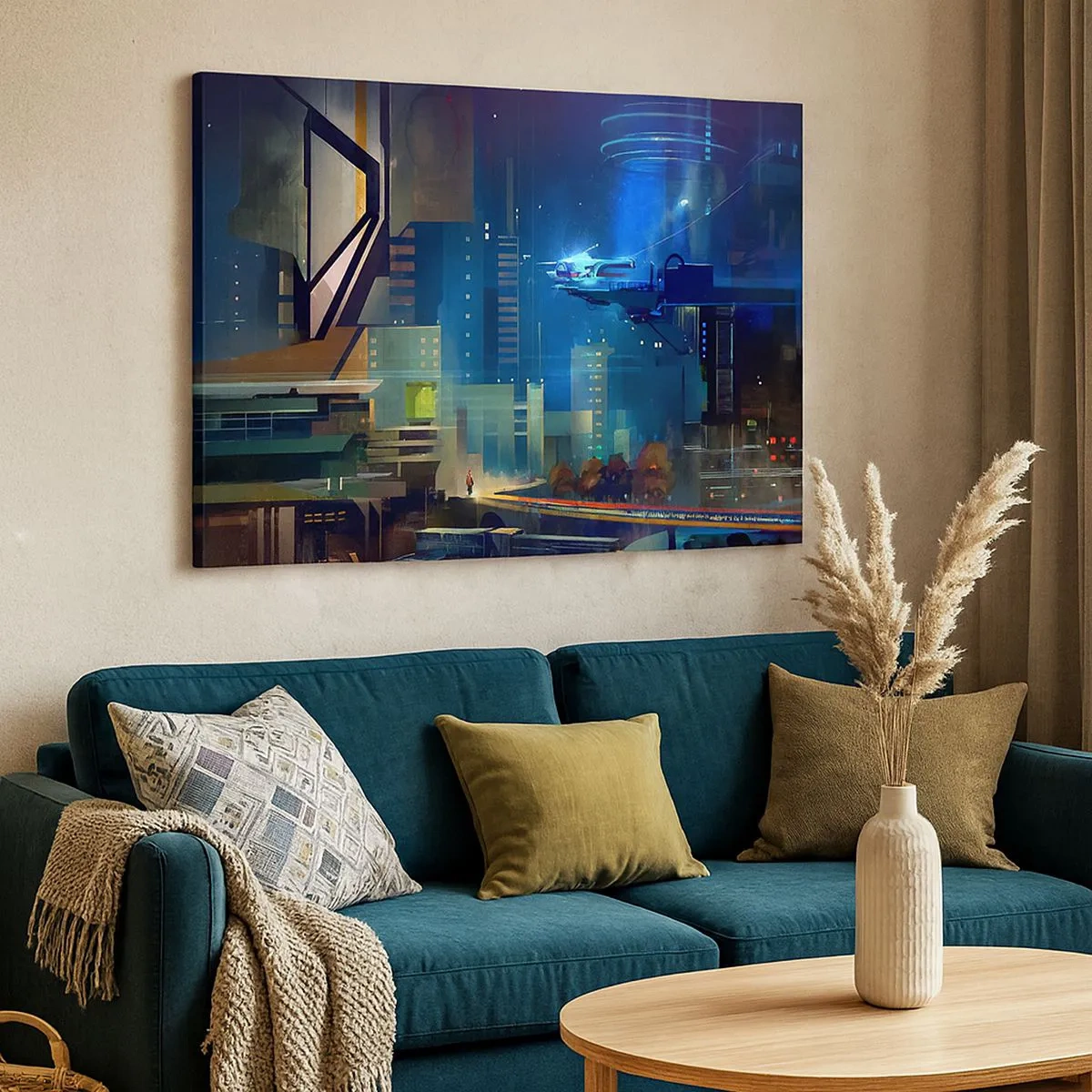 Bild auf Leinwand - Leinwandbild - Futuristische Stadt bei Nacht mit Neonlichtern und einem fliegenden Fahrzeug - 70x50cm - In naher Zukunft - Moderne Wanddekoration für Wohnzimmer und Schlafzimmer ARTTOR