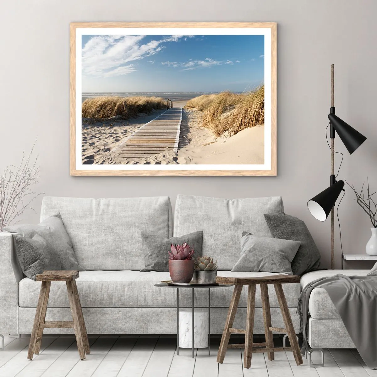 Poster in einem Rahmen aus heller Eiche - Hinter der Düne, im Rauschen des Grases - 40x30 cm