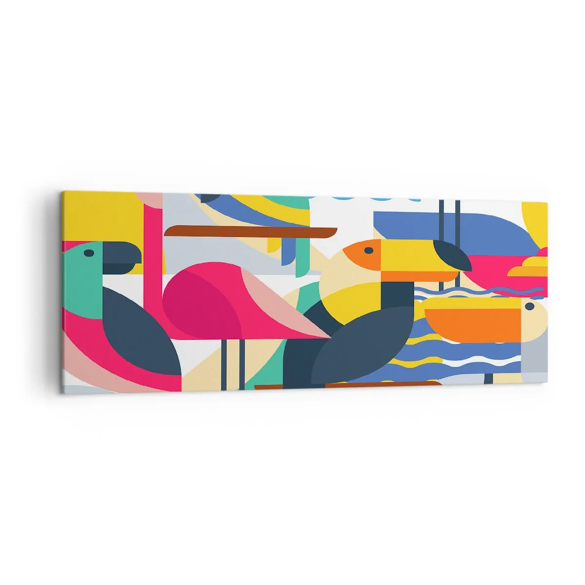 Bild auf Leinwand - Leinwandbild - Bunte Vögel in einer abstrakten, geometrischen Komposition - 140x50cm - Vogelparty - Moderne Wanddekoration für Wohnzimmer und Schlafzimmer ARTTOR
