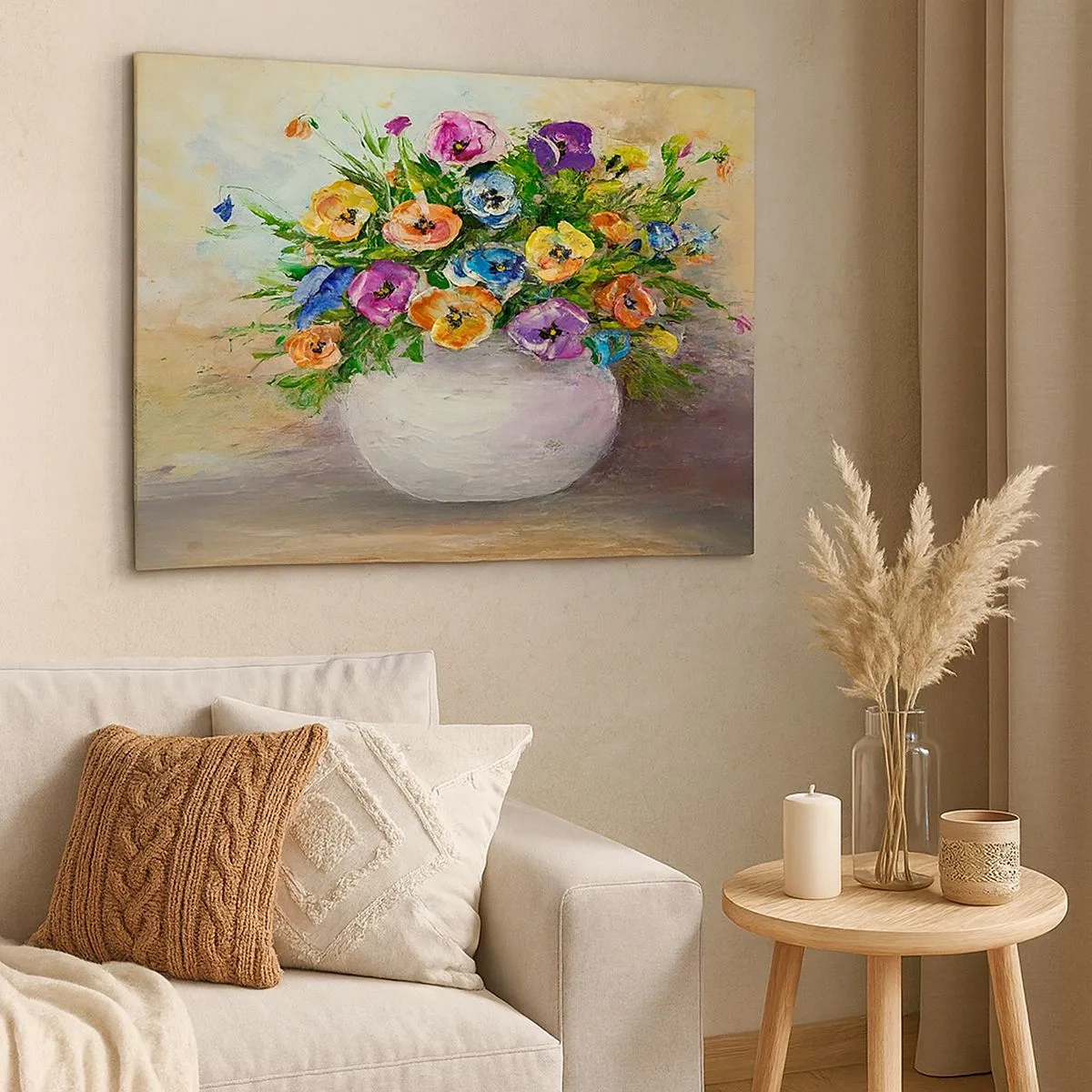Bild auf Leinwand - Leinwandbild - Ein bunter Blumenstrauß in einer weißen Vase - 70x50cm - Stillleben mit einer weißen Vase - Moderne Wanddekoration für Wohnzimmer und Schlafzimmer ARTTOR