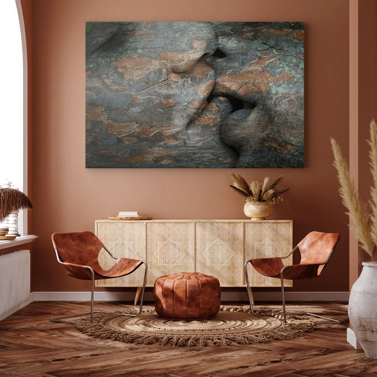 Bild auf Leinwand - Leinwandbild - Ein künstlerisches Motiv eines in Fels gehauenen Gesichts mit natürlichem Textureffekt. - 120x80cm - Für immer zusammen - Moderne Wanddekoration für Wohnzimmer und Schlafzimmer ARTTOR