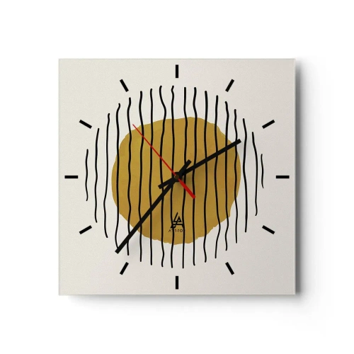 Wanduhr - Glasuhr - Ein minimalistisches Motiv mit einem gelben Kreis und schwarzen Linien. - 30x30cm - Abstraktion, die vor Hitze zittert - Moderne Wanddekoration für Wohnzimmer und Schlafzimmer ARTTOR