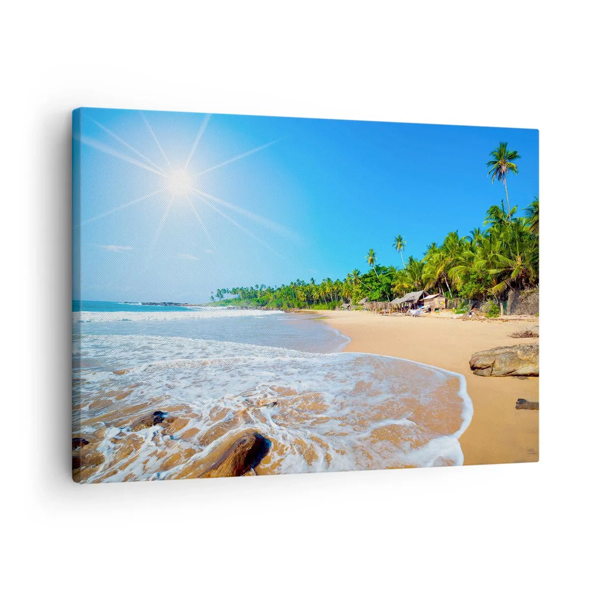 Bild auf Leinwand - Leinwandbild - Tropischer Strand mit Palmen und blauem Himmel - 70x50cm - Ein exotischer Ort für dich - Moderne Wanddekoration für Wohnzimmer und Schlafzimmer ARTTOR