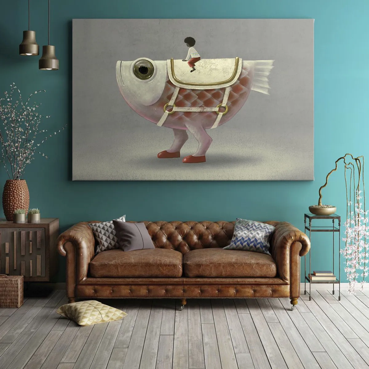 Bild auf Leinwand - Leinwandbild - Ein schicker Fischreiter mit Beinen und Sattel - 120x80cm - Reiter auf einem surrealen Fisch - Moderne Wanddekoration für Wohnzimmer und Schlafzimmer ARTTOR