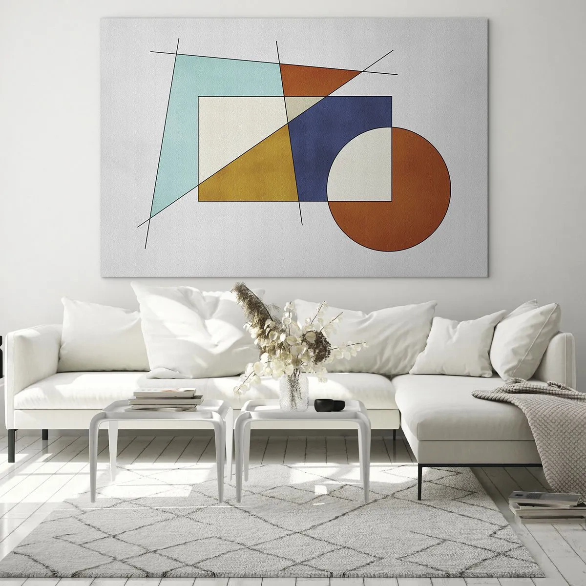 Glasbild - Bild auf glas - Bunte geometrische Formen auf hellem Hintergrund im modernistischen Stil - 100x70cm - Abstraktion: modernistisches Spiel - Moderne Wanddekoration für Wohnzimmer und Schlafzimmer ARTTOR