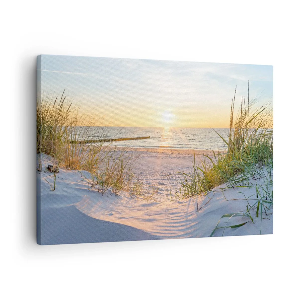 Bild auf Leinwand - Leinwandbild - Ein Sandstrand mit Blick auf den Sonnenuntergang über dem Meer - 70x50cm - Das Rauschen des Meeres, der Gesang der Vögel, ein wilder Strand im Gras ... - Moderne Wanddekoration für Wohnzimmer und Schlafzimmer ARTTOR
