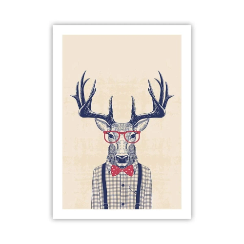 Poster - Stilvoller Hirsch mit Brille und Fliege auf beigem Hintergrund - 50x70cm - Eine lustige Extravaganz - Moderne Wanddekoration für Wohnzimmer und Schlafzimmer ARTTOR