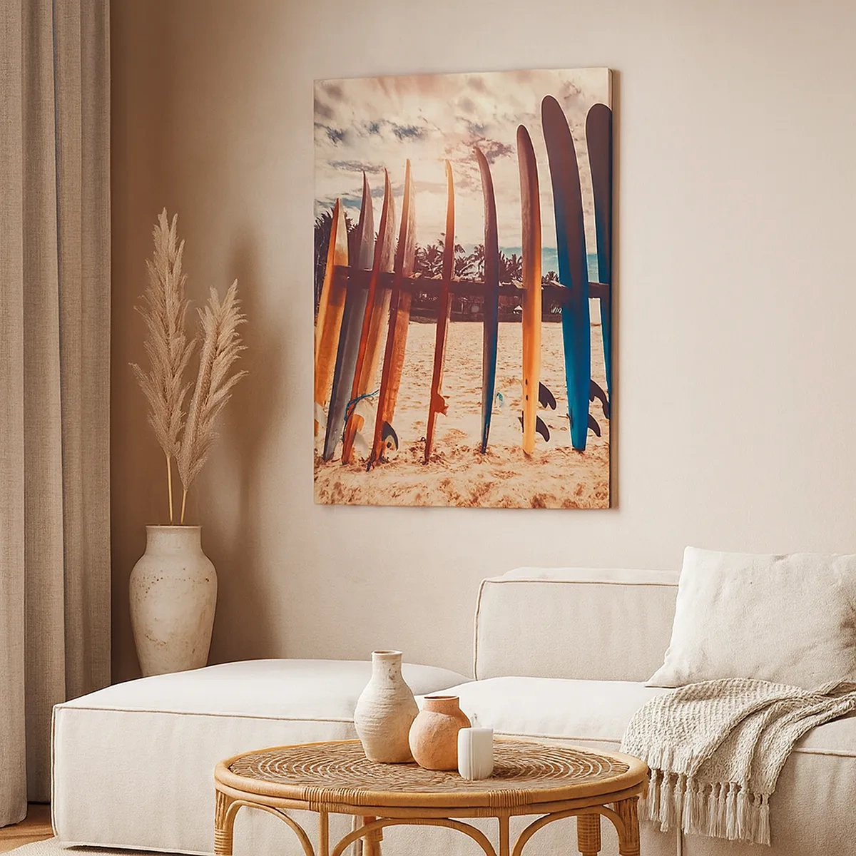 Bild auf Leinwand - Leinwandbild - Surfbretter am Strand bei Sonnenuntergang - 50x70cm - Gute Nacht bis morgen - Moderne Wanddekoration für Wohnzimmer und Schlafzimmer ARTTOR