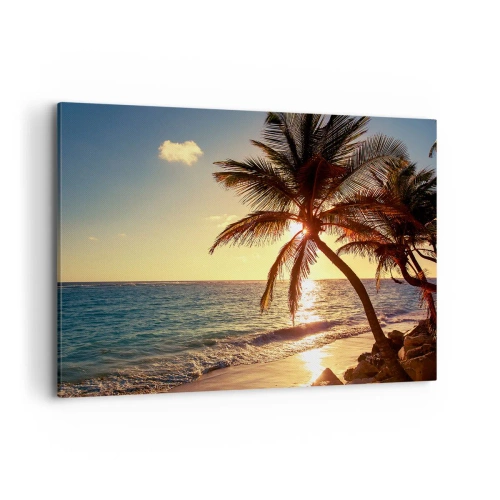 Bild auf Leinwand - Leinwandbild - Tropischer Sonnenuntergang über einem Strand mit Palmen - 120x80cm - Sommer unter Palmen - Moderne Wanddekoration für Wohnzimmer und Schlafzimmer ARTTOR