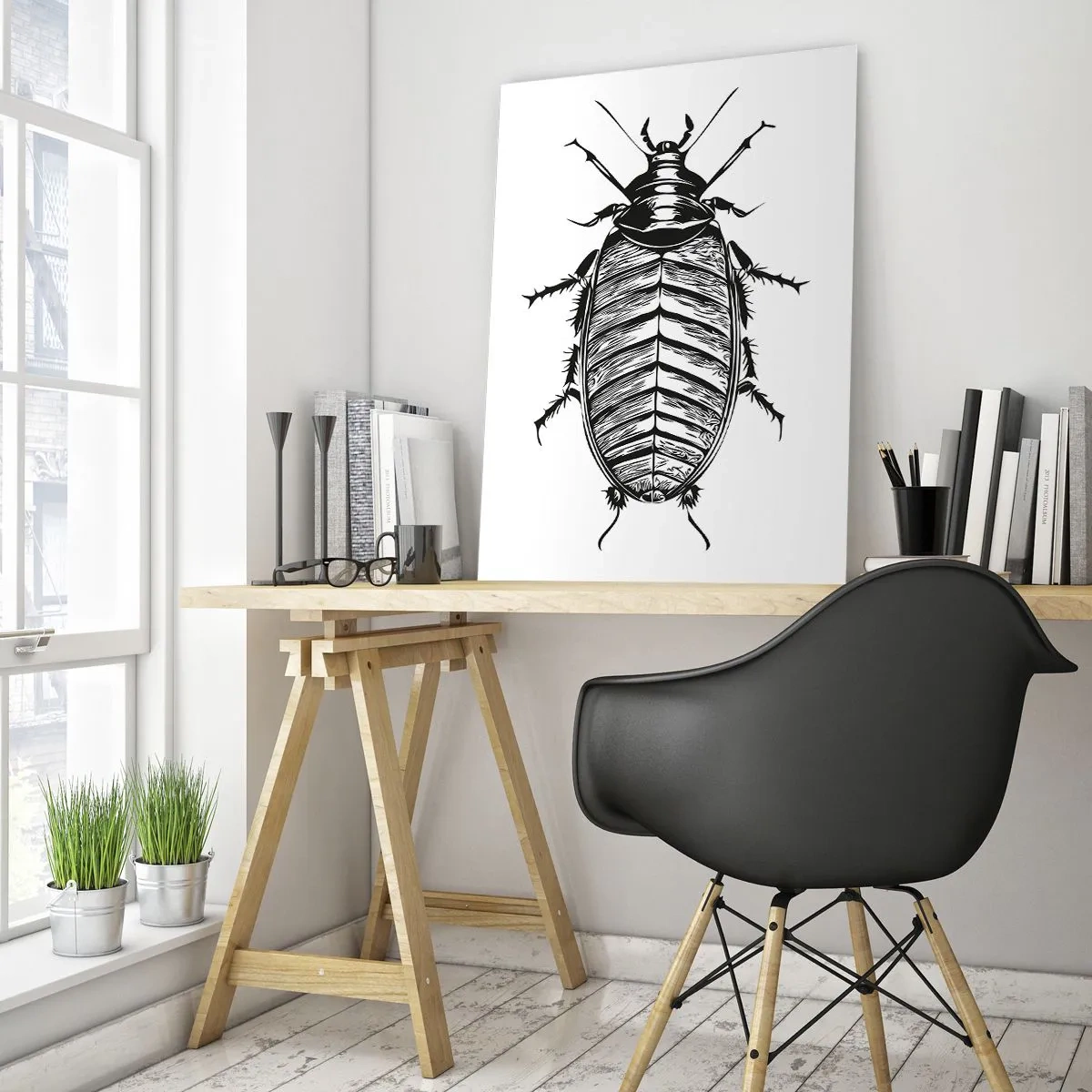 Glasbild - Bild auf glas - Grafik eines schwarz-weißen Insekts auf weißem Hintergrund - 70x100cm - Was für ein Exemplar! - Moderne Wanddekoration für Wohnzimmer und Schlafzimmer ARTTOR