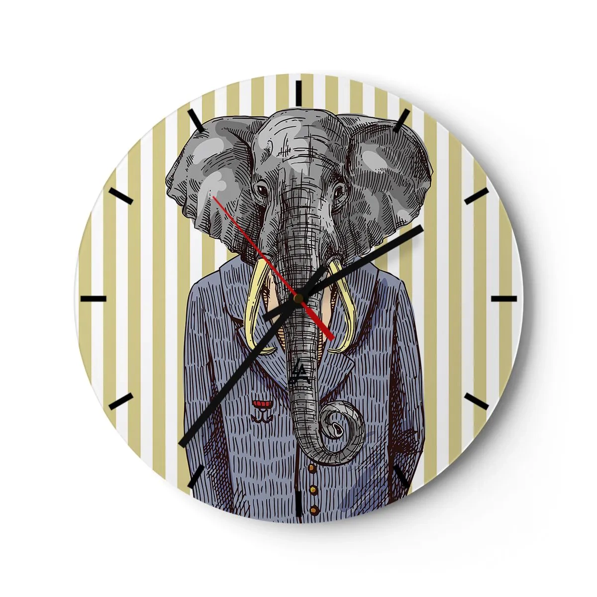 Wanduhr - Glasuhr - Eine elegante Zeichnung eines Elefanten im Anzug vor einem Hintergrund aus vertikalen Streifen. - 30x30cm - Von Natur aus elegant - Moderne Wanddekoration für Wohnzimmer, Küche und Schlafzimmer ARTTOR