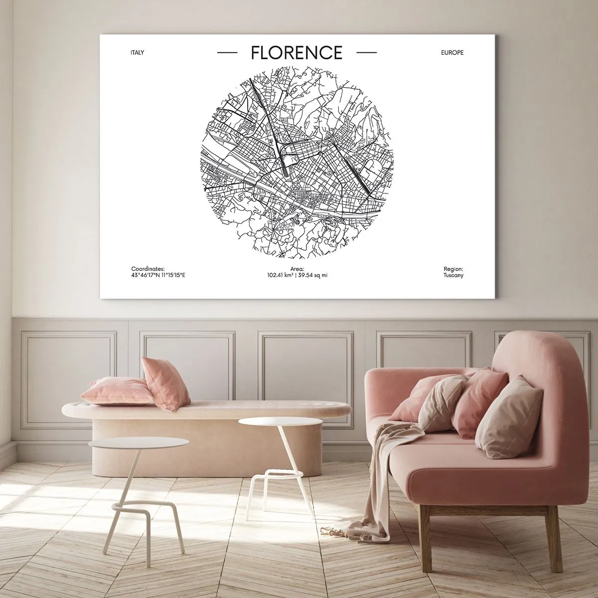Glasbild - Bild auf glas - Florenz in Form einer stilisierten Karte mit einem Straßennetz - 70x50cm - Anatomie von Florenz - Moderne Wanddekoration für Wohnzimmer und Schlafzimmer ARTTOR