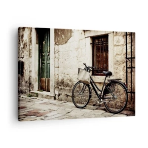 Bild auf Leinwand - Leinwandbild - Ein Fahrrad vor einer Steinmauer mit Fenster und Tür im Retro-Stil - 70x50cm - Zurück in die Vergangenheit - Moderne Wanddekoration für Wohnzimmer und Schlafzimmer ARTTOR