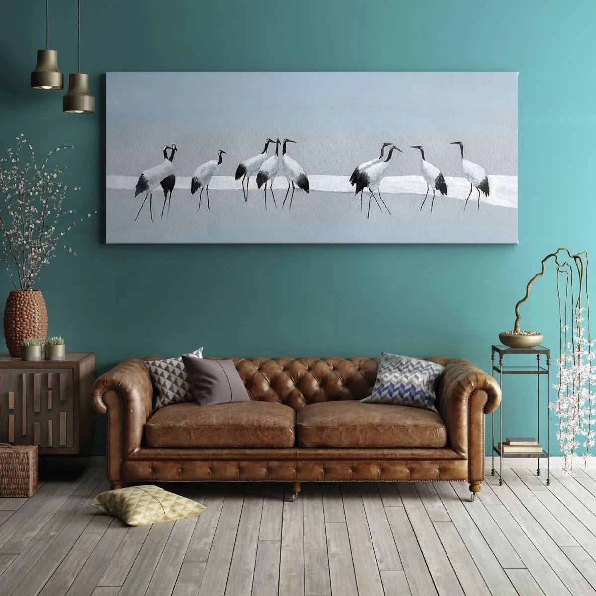 Bild auf Leinwand - Leinwandbild - Eine Gruppe von Kranichen vor blauem Himmel und der aufgehenden Sonne - 160x50cm - Nach einem heißen Tag - Moderne Wanddekoration für Wohnzimmer und Schlafzimmer ARTTOR