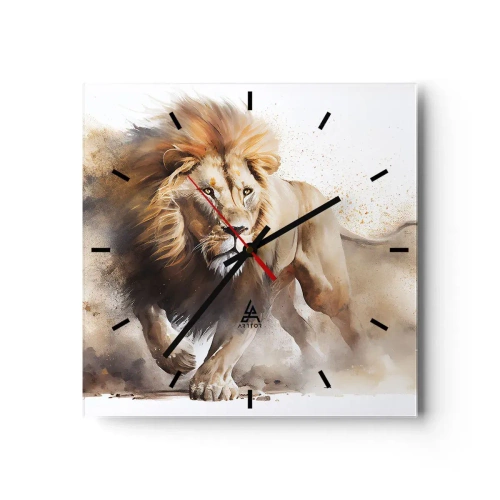 Wanduhr - Glasuhr - Ein dynamisches Porträt eines Löwen in natürlichen Farben. - 30x30cm - Der König zog um - Moderne Wanddekoration für Wohnzimmer und Schlafzimmer ARTTOR