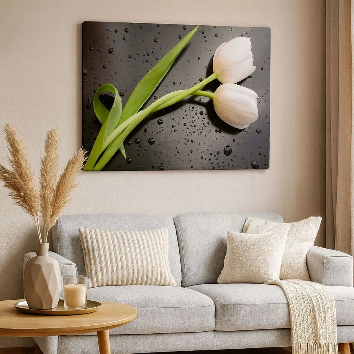 Bild auf Leinwand - Leinwandbild - Weiße Tulpen auf schwarzem Hintergrund mit Wassertropfen - 70x50cm - Frühlingsgewebe - Moderne Wanddekoration für Wohnzimmer und Schlafzimmer ARTTOR