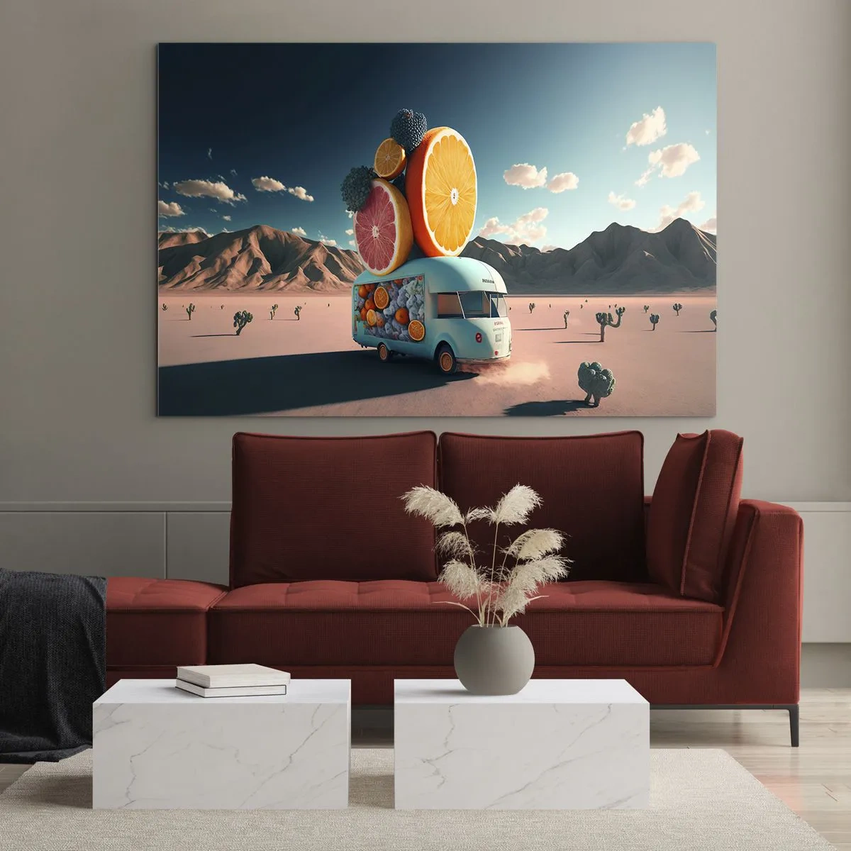 Glasbild - Bild auf glas - Ein türkisfarbener Camper mit Früchten vor einer Wüstenlandschaft - 70x50cm - Geschmack von Urlaub - Moderne Wanddekoration für Wohnzimmer und Schlafzimmer ARTTOR