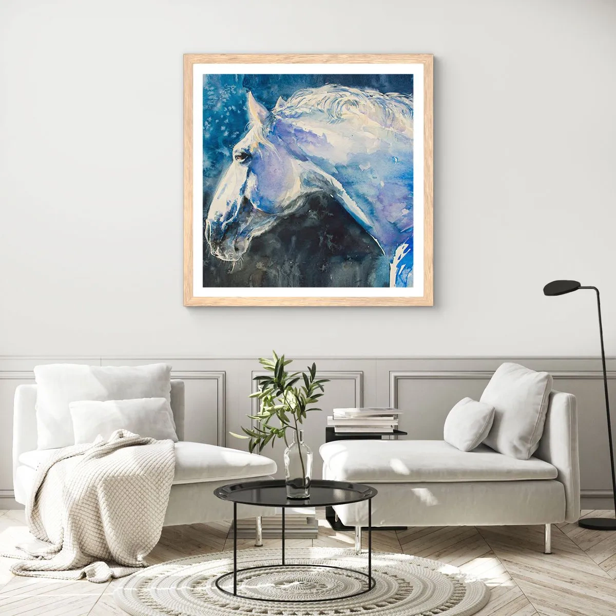 Poster in einem Rahmen aus heller Eiche - Porträt in blauem Glanz - 40x40 cm